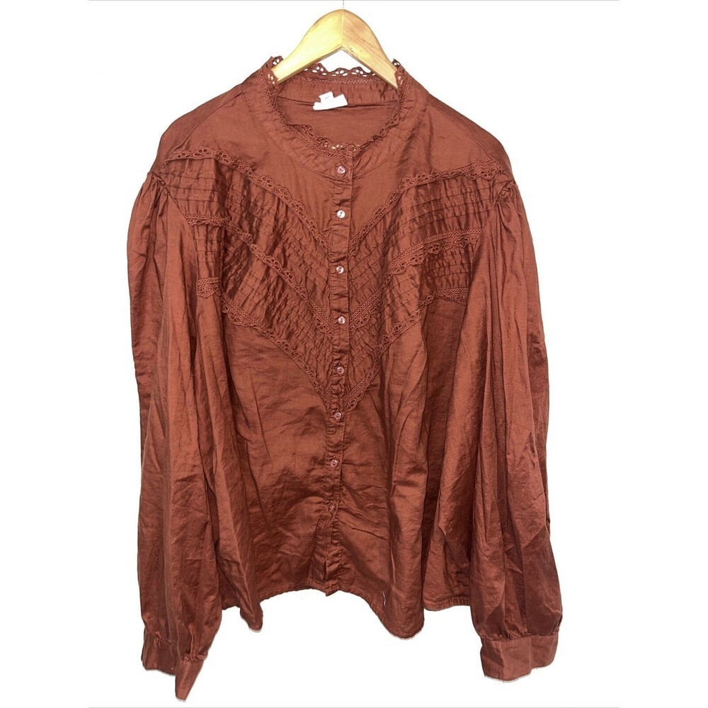 ANA Women Sz 5XL Blouse Long Balloon Sleeve Button Down Casual Top copper Shirt